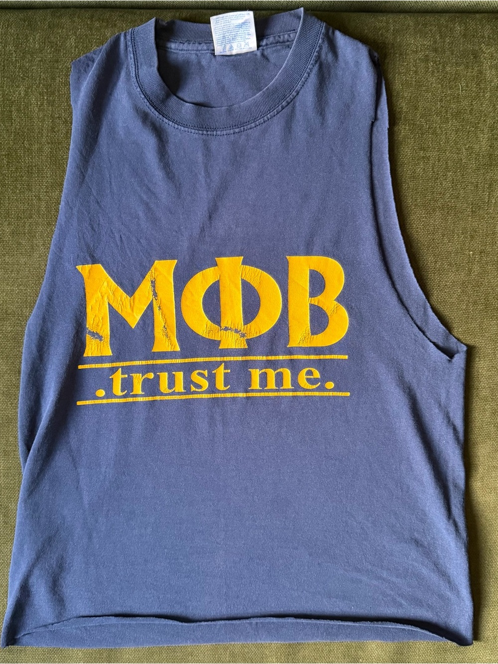 Hanes Navy Muscle Tank with Yellow MOB Trust Me Graphic